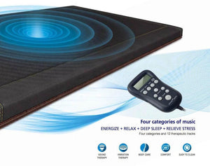 Close Up Image of Richway Bio Acoustic Mat Professional 7000mx from Biomat Direct 74" x 28" shows remote and visual representation of audio waves and indicates is 4 modes of music: Energize, Deep Sleep, Relieve Stress, and Relax